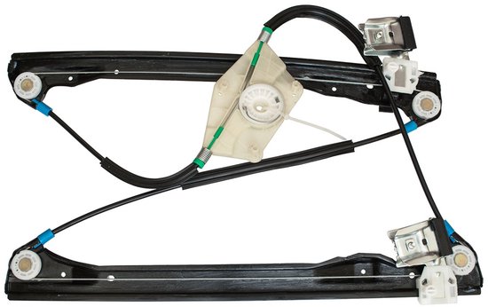 Elektrische raammechanisme voor linkerkant, zwarte frame, kabels, witte pulley en wieltjes.