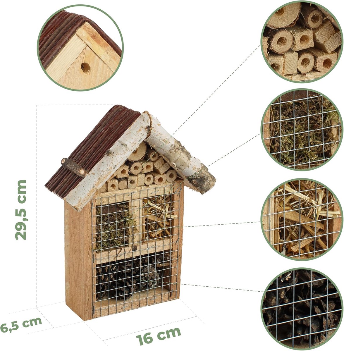 BOGATECO Insectenhotel van Massief Hout - Bijenhotel met Wilgen Dak - Nestkast voor Wilde Bijen & Lieveheersbeestjes - Nisthulp voor Wandmontage
