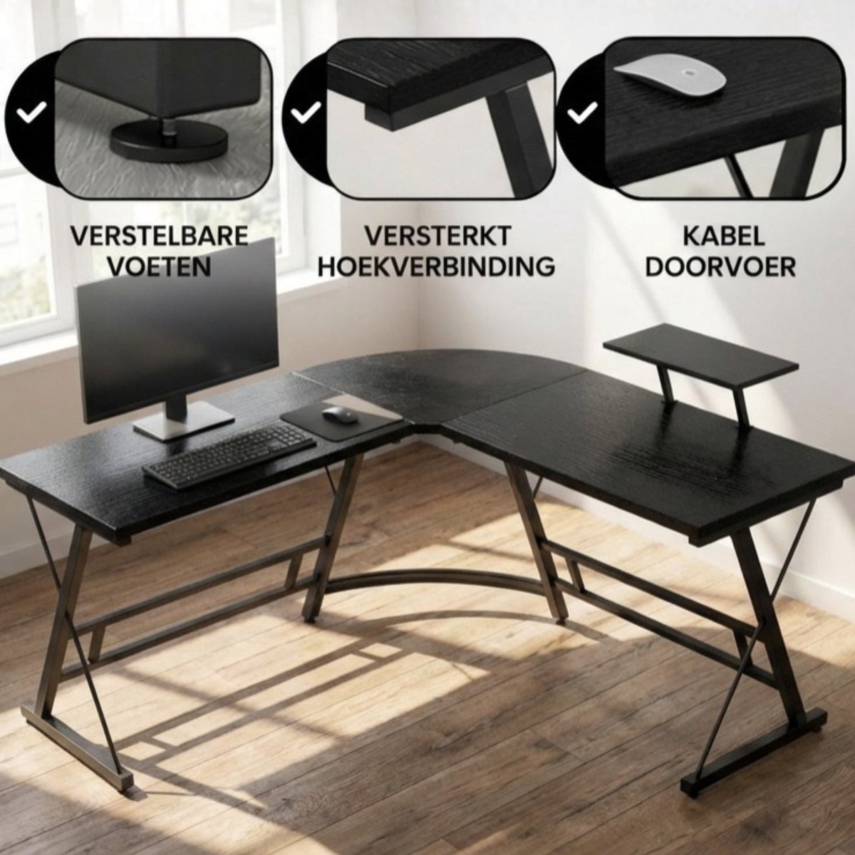 Bayt Hoekbureau - Bureau - Game Bureau - Gaming bureau - L vormig bureau - Computertafel - Zwart