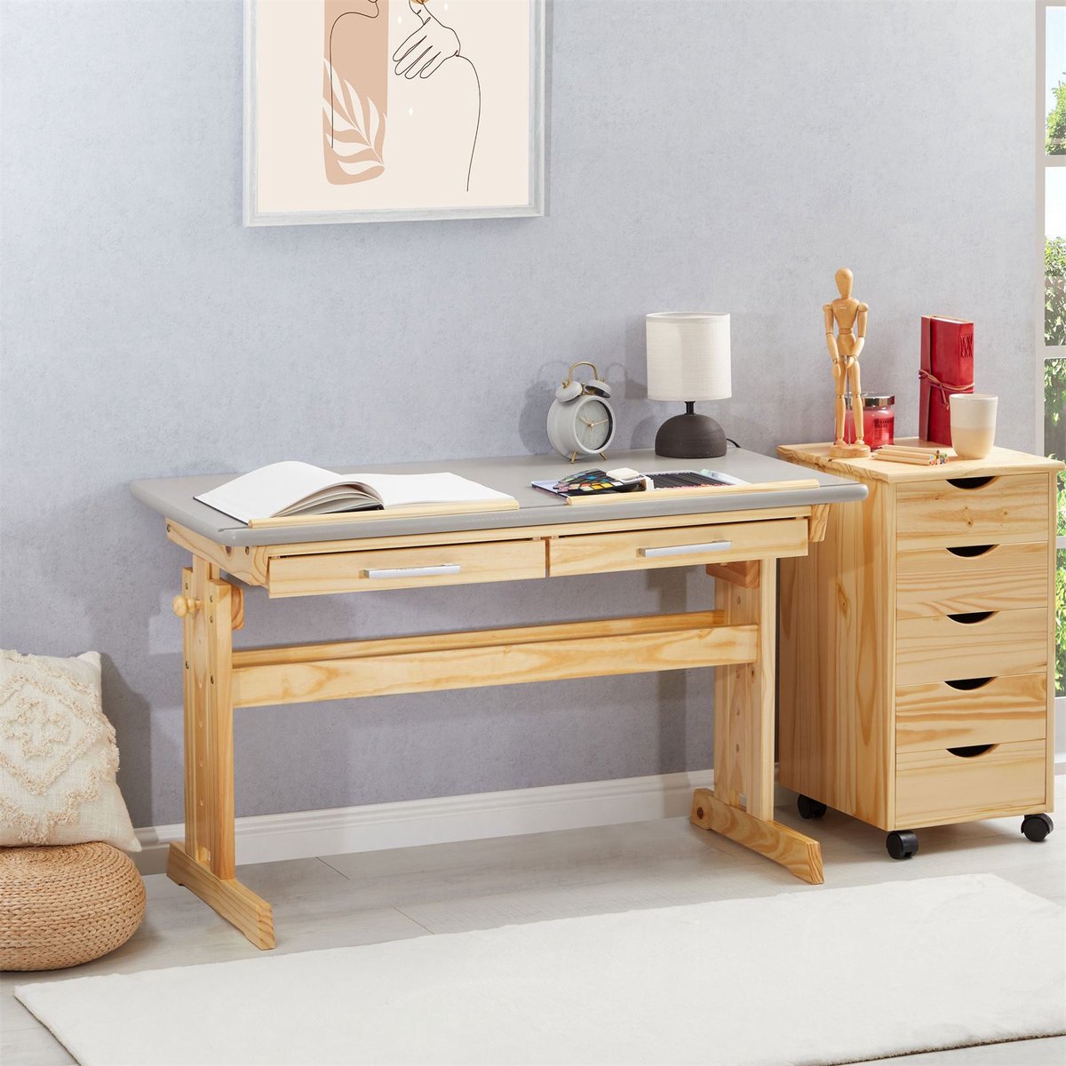 In hoogte en neiging verstelbaar grenen bureau OLIVIA 2 laden naturel/grijs