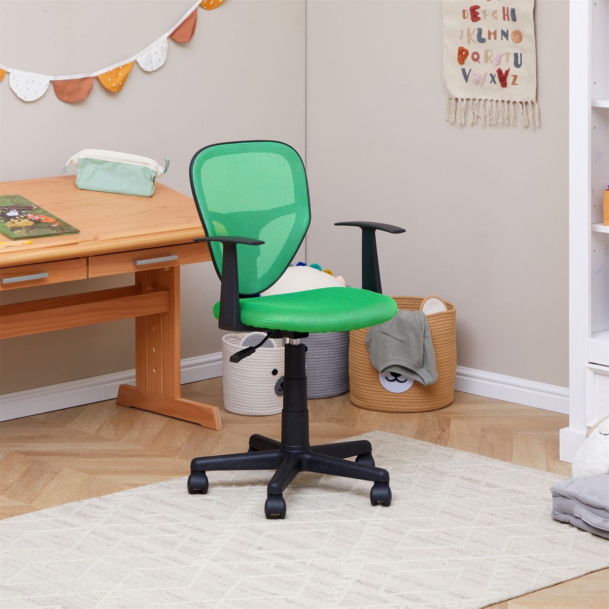 Kinderdraaistoel STUDIO - Ergonomische bureaustoel met armleuningen, Verstelbaar, Donkergroen - Ideaal voor kinderen, Ademende netstof, Eenvoudig te monteren [tot 80kg] - Hoofdafbeelding