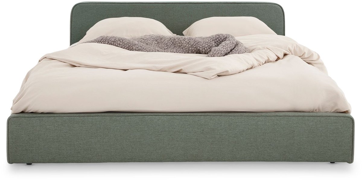Gestoffeerd bed MARINI tweepersoonsbed 140x200 cm in groen - gestoffeerd bed met lattenbodem, modern design & stevig houten frame met kunststof poten
