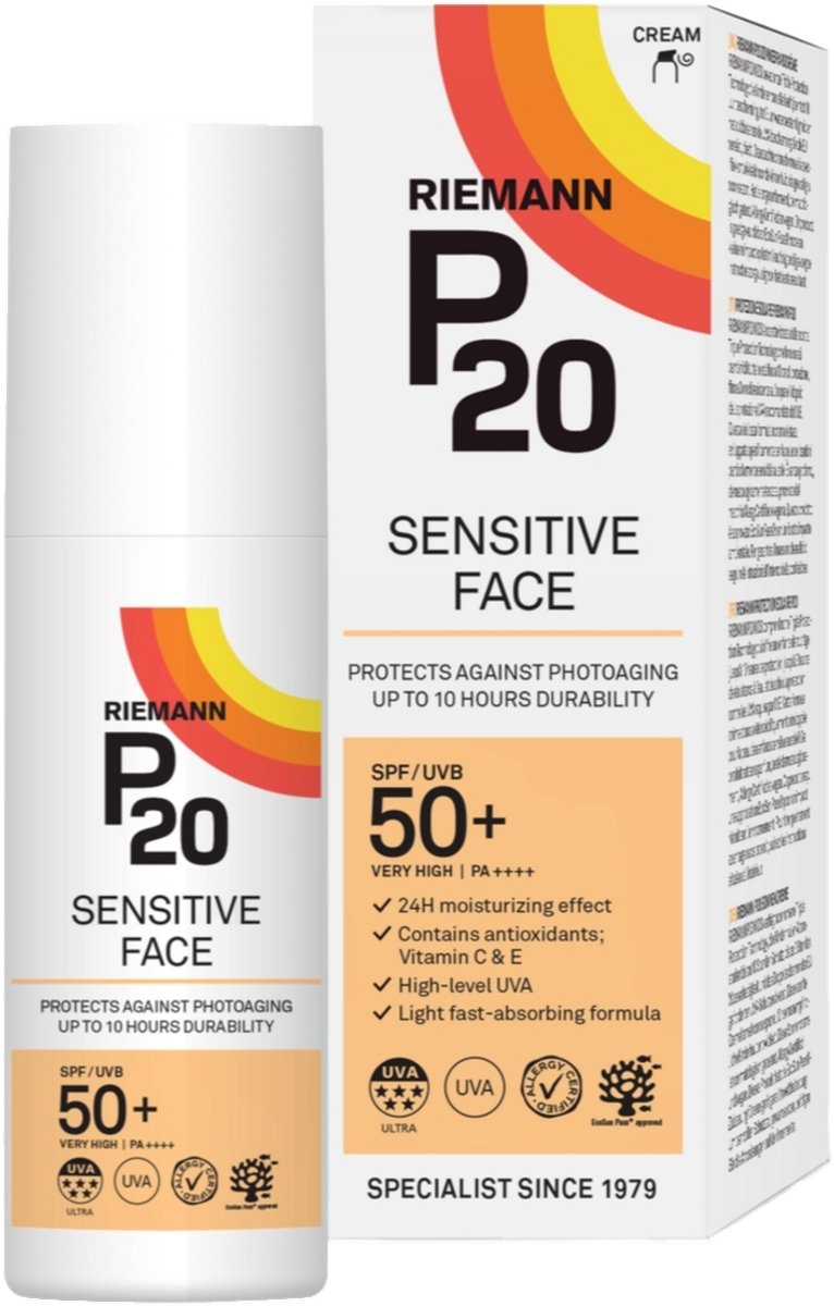 P20 Sensitive Face SPF 50+ - Zonnebrandcrème voor gevoelige huid - Hoge UVA-bescherming - 100% parfumvrij - Vitamine C & E - 24 uur hydratatie - 50 g