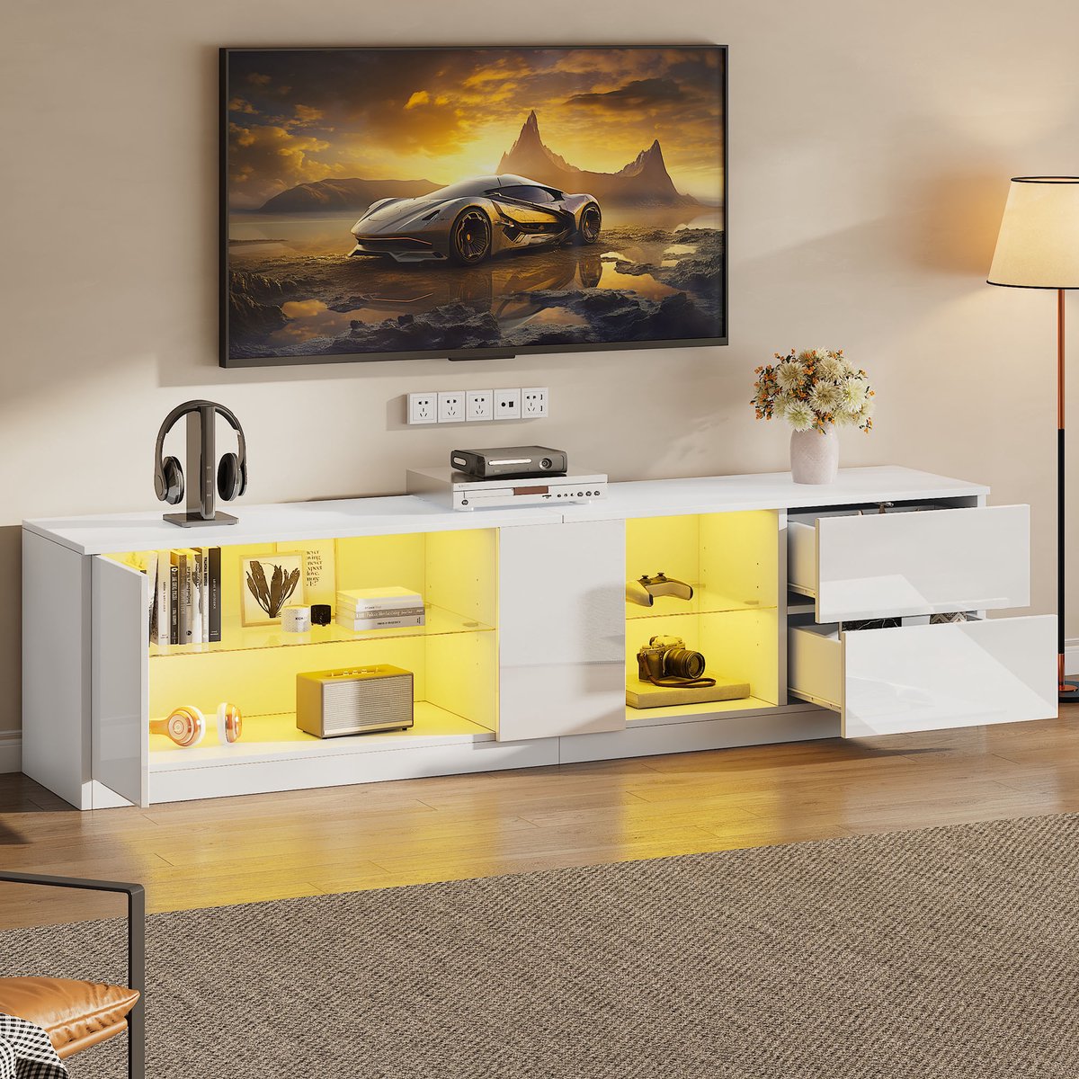 FloraGrace Tv Meubel - Hoogglans Front Met Led Verlichting En Opbergruimte - Voor Woonkamer En Slaapkamer - Mdf Wit - 160x40x52 Cm