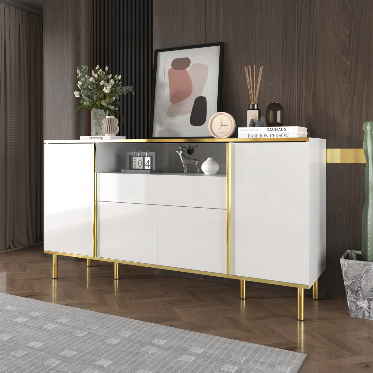 FloraGrace Dressoir - Hoogglans Met Ledverlichting En Gouden Accenten - 4 Deuren En 1 Lade Voor Woonkamer Slaapkamer - MDF Wit - 150x40x80 Cm