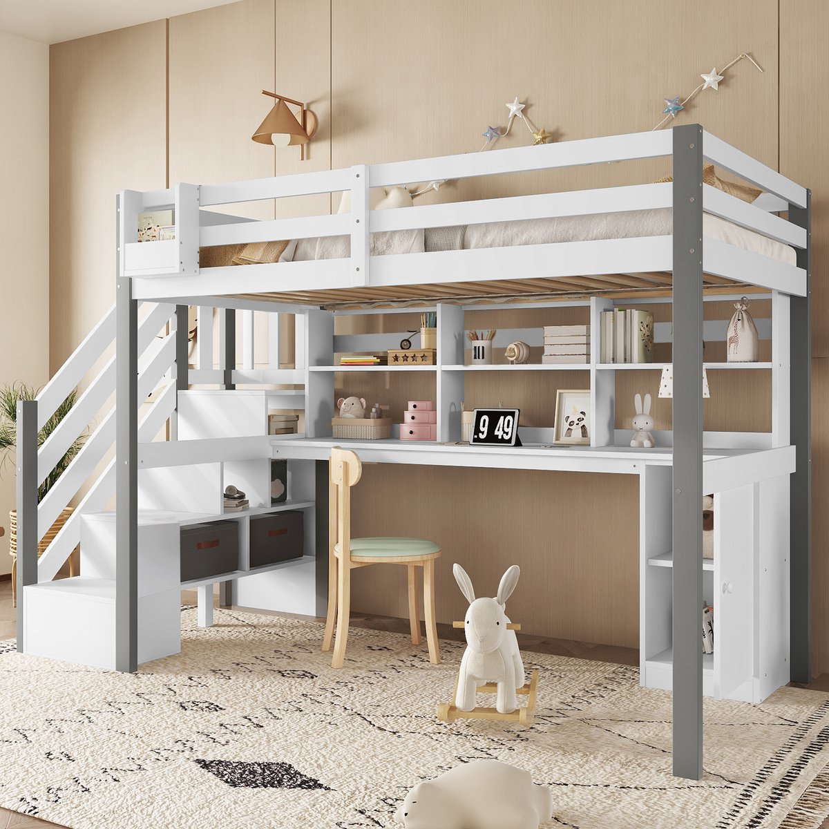 MODFU Halfhoog bed 90x200 cm – Wit/grijs met bureau & opbergladder – Massief hout Wit + Grijs