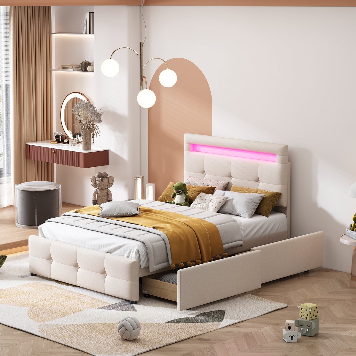 MODFU Bedframe 90x200 cm – Gestoffeerd met LED (app) & 2 lades – Verstelbaar hoofdbord – Beige