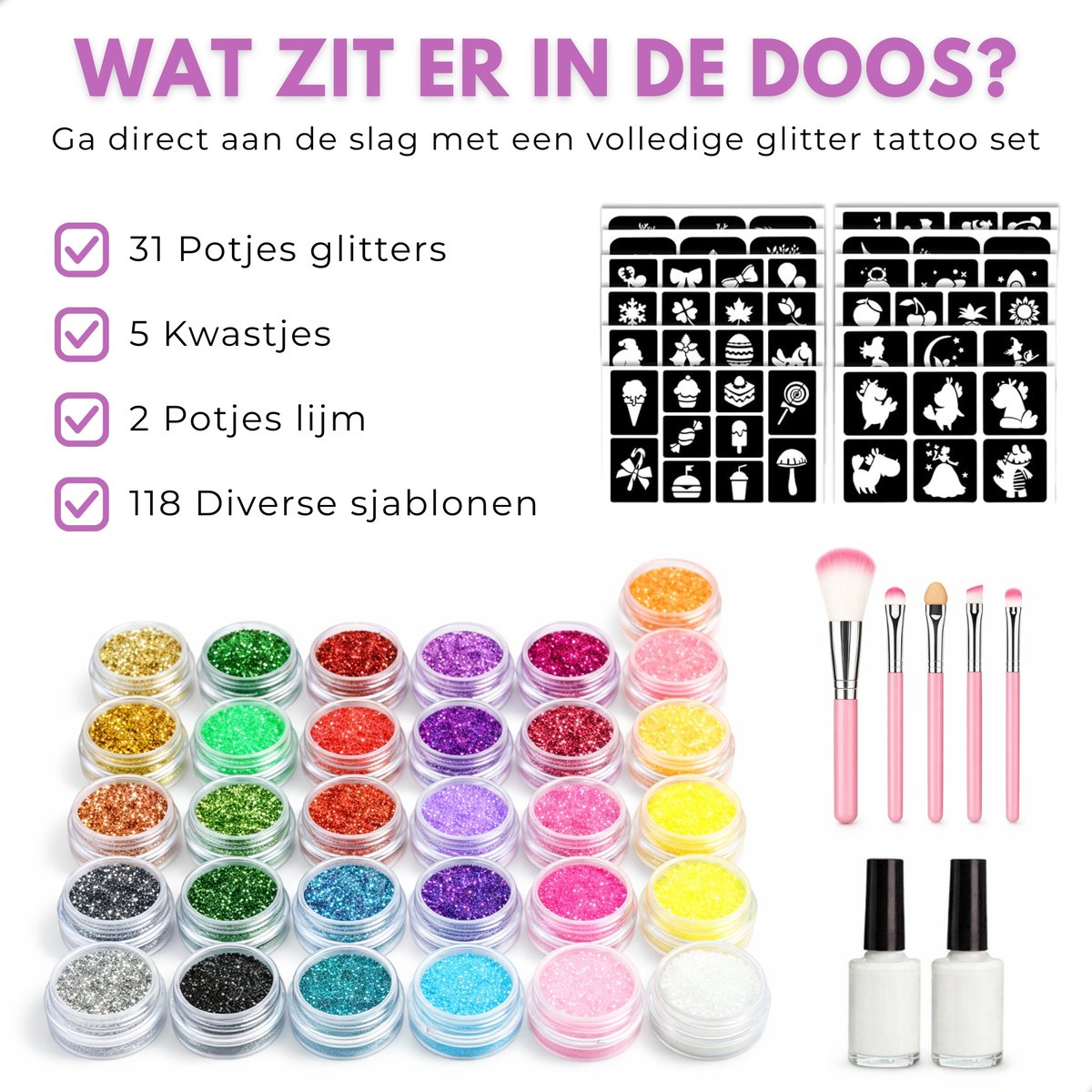 Boncy® XXL Glitter Tattoo Set - Schmink Tattoos Body Glitters - Incl. Sjablonen en Huidlijm - Tijdelijke Nep Tatoeages Voor Kinderen & Volwassenen - Glittergel Gezicht - Temporary Kinder Gel Neptattoos - Plak Lijm Tatoeage - Neptattoo Haar Face — afbeelding 2