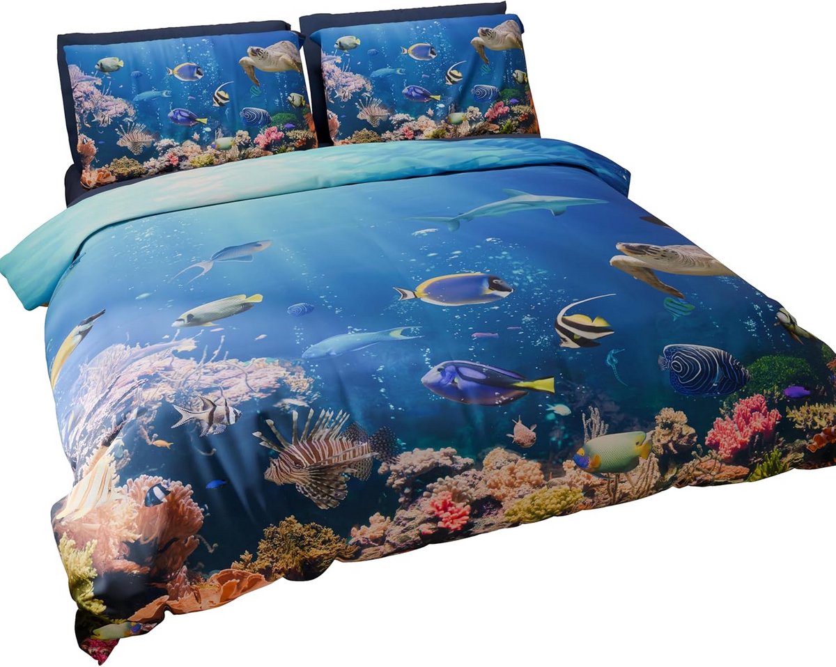 Dekbedovertrek Frans Bed 200x200 cm Microvezel Digitale Print Inclusief Kussensloop - Aquarium Design