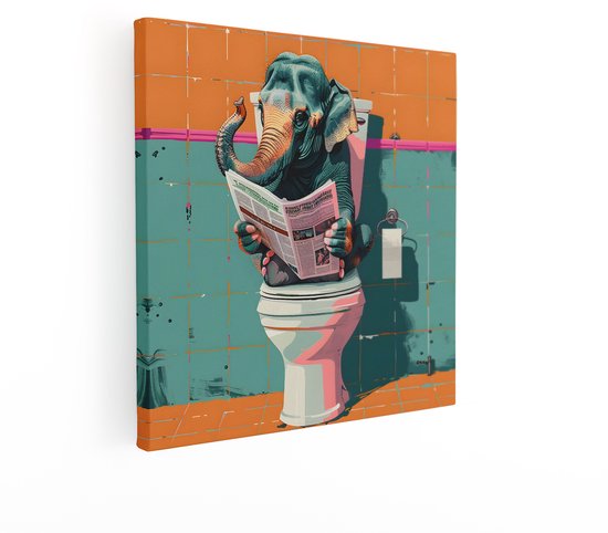 Artaza Canvas Schilderij Grappige Olifant Zit op Toilet en Leest Krant in een Kleurrijke Badkamer - 70x70 cm - Wanddecoratie Woonkamer - Schilderijen - Muurdecoratie