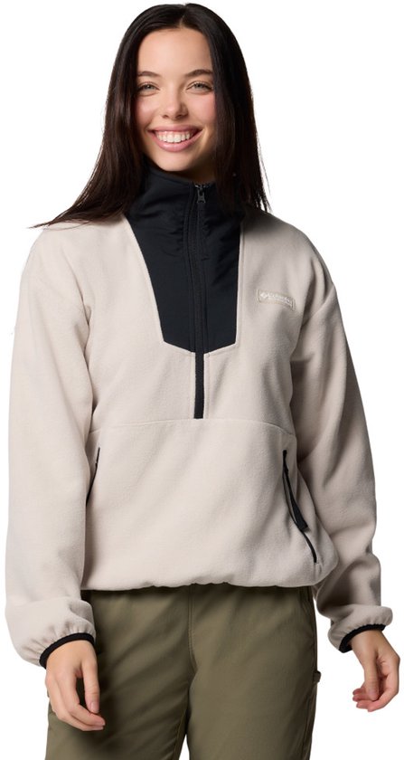 Dames fleece trui van Columbia in donkersteenkleur met zwarte accenten bij de kraag en ritssluiting.
