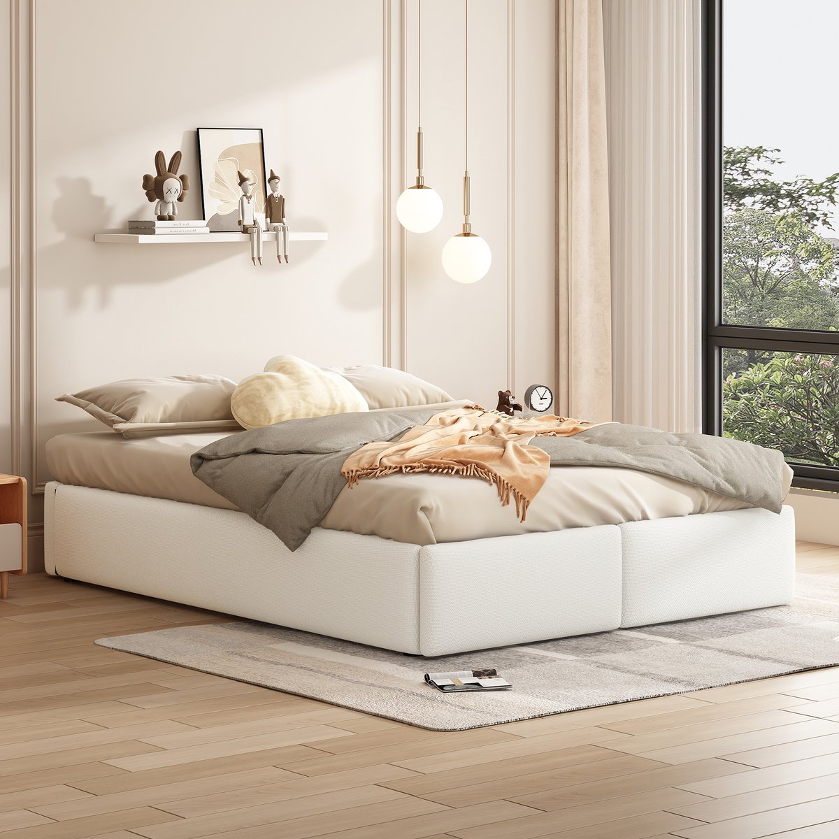 MODFU Bedframe 140x200 cm, gestoffeerd linnen-katoen, MDF, met hydraulische opbergruimte en 2 laden, wit