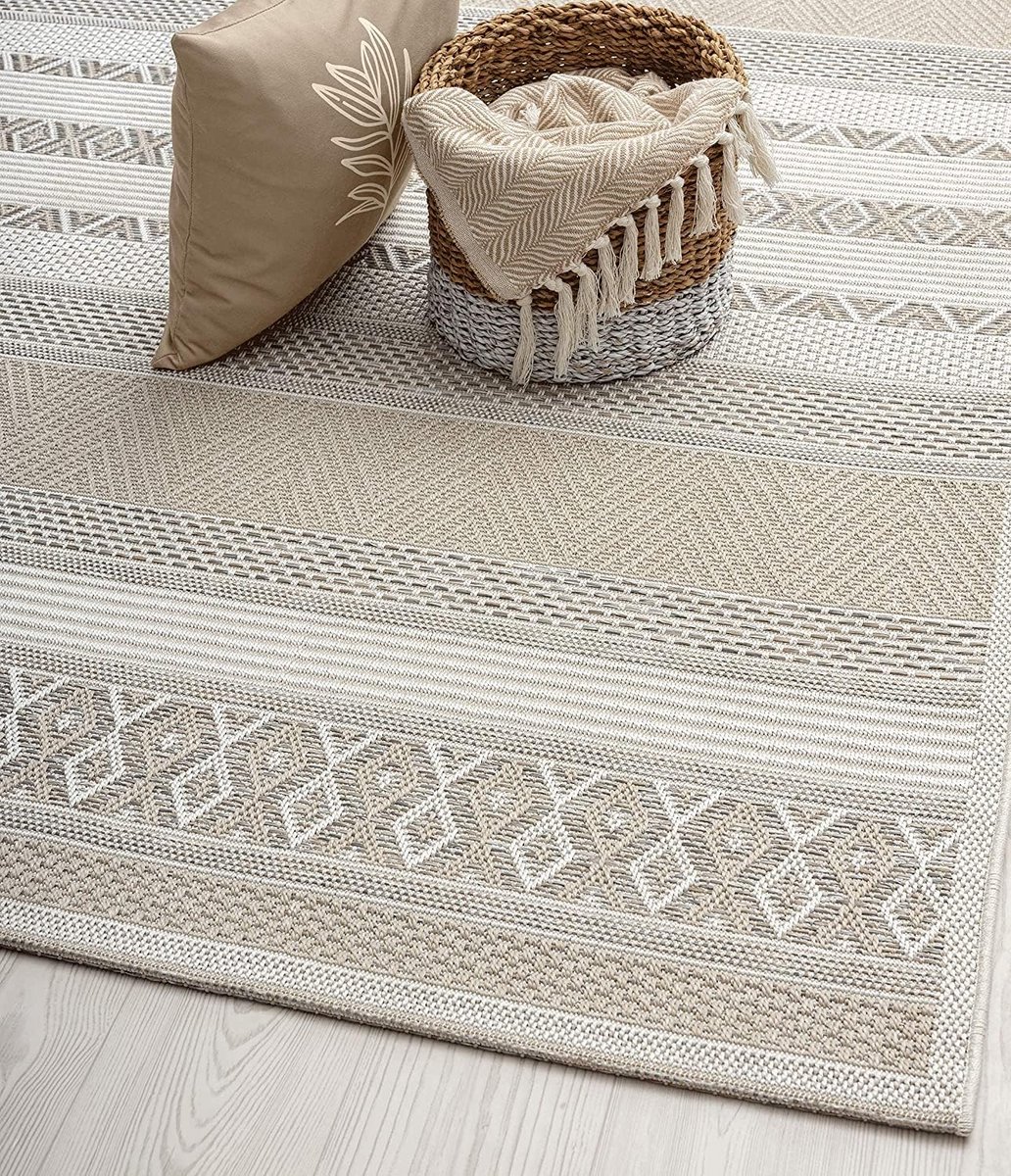 Vlakgeweven Binnen/Buiten Tapijt Boho Stijl Grijs 140x200 cm - Geschikt voor Vloerverwarmi
