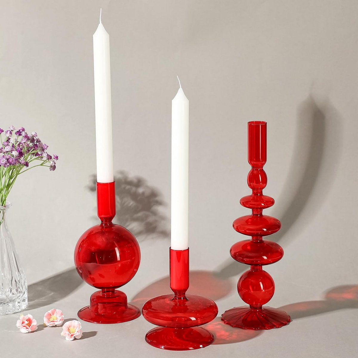 Set van 3 Glazen Kandelaars Golfmodel Elegant voor Diner en Feest - Rood