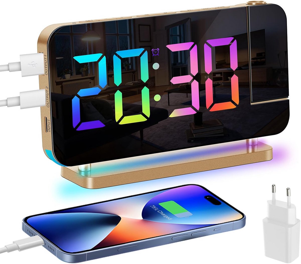 Digitale Projectiewekker met 180° Projectie, Telefoonlader en Instelbare RGB-Nachtlamp
