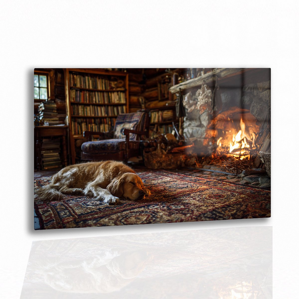 Vlammen en boekenkast - Acrylglas - Plexiglas - Glasschilderij - 90x60 cm