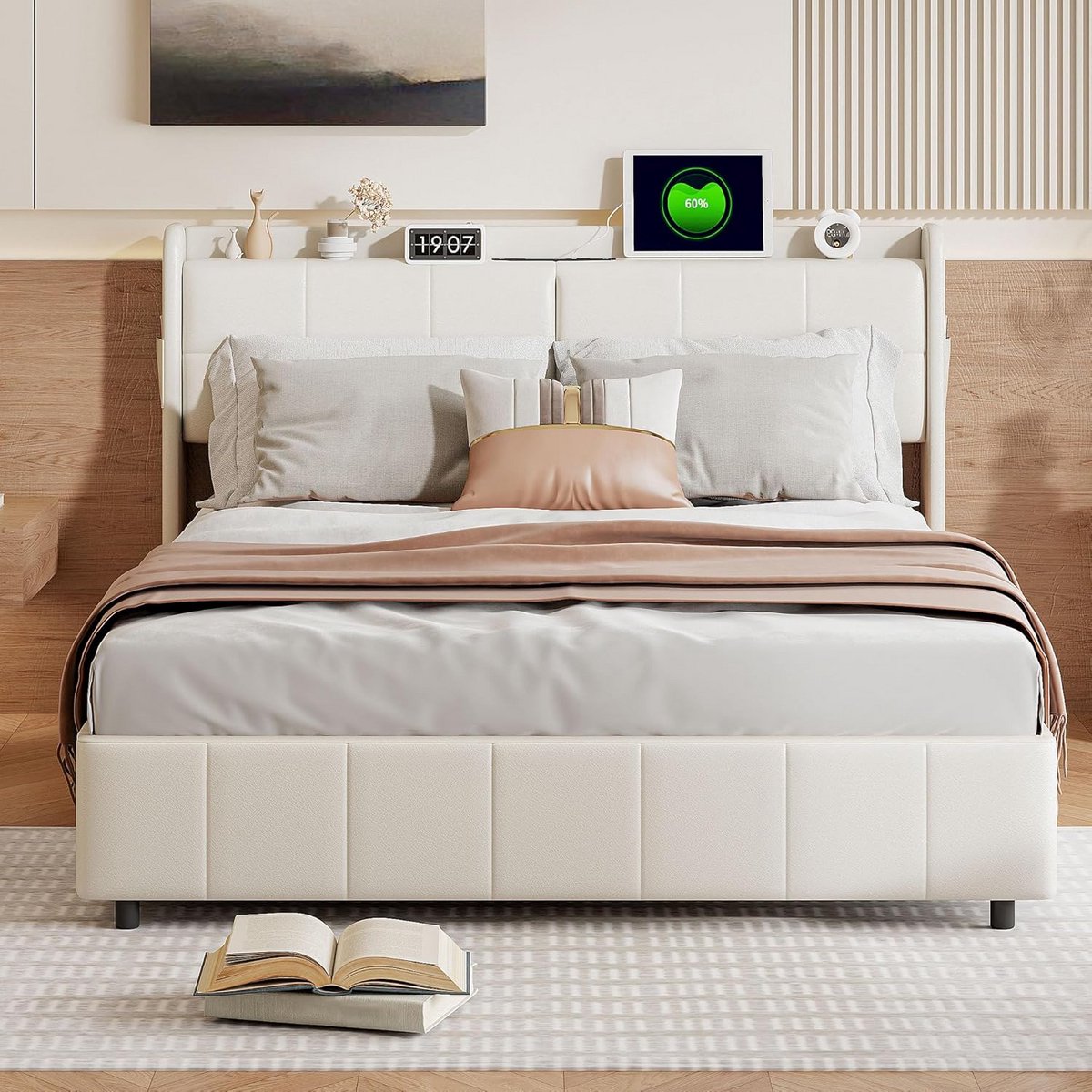 Gestoffeerd Tweepersoonsbed 160x200 cm met Opbergruimte, USB en LED Verlichting - Wit PU Leer