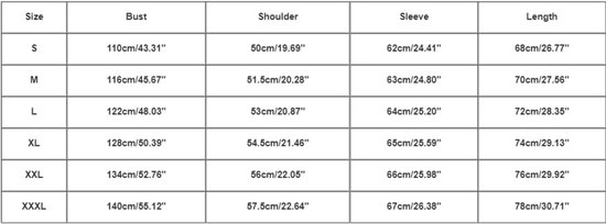 Maattabel voor kleding met afmetingen voor buste, schouder, mouw en lengte.