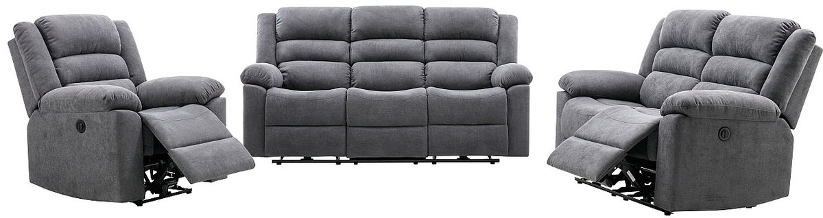 Vente-unique Elektrische driezits- en tweezits-relaxbank en -fauteuil van grijze stof BUROLO