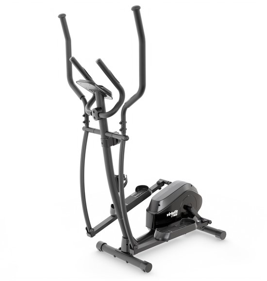 Zwarte crosstrainer, op de voorgrond, met het VirtuFit logo.