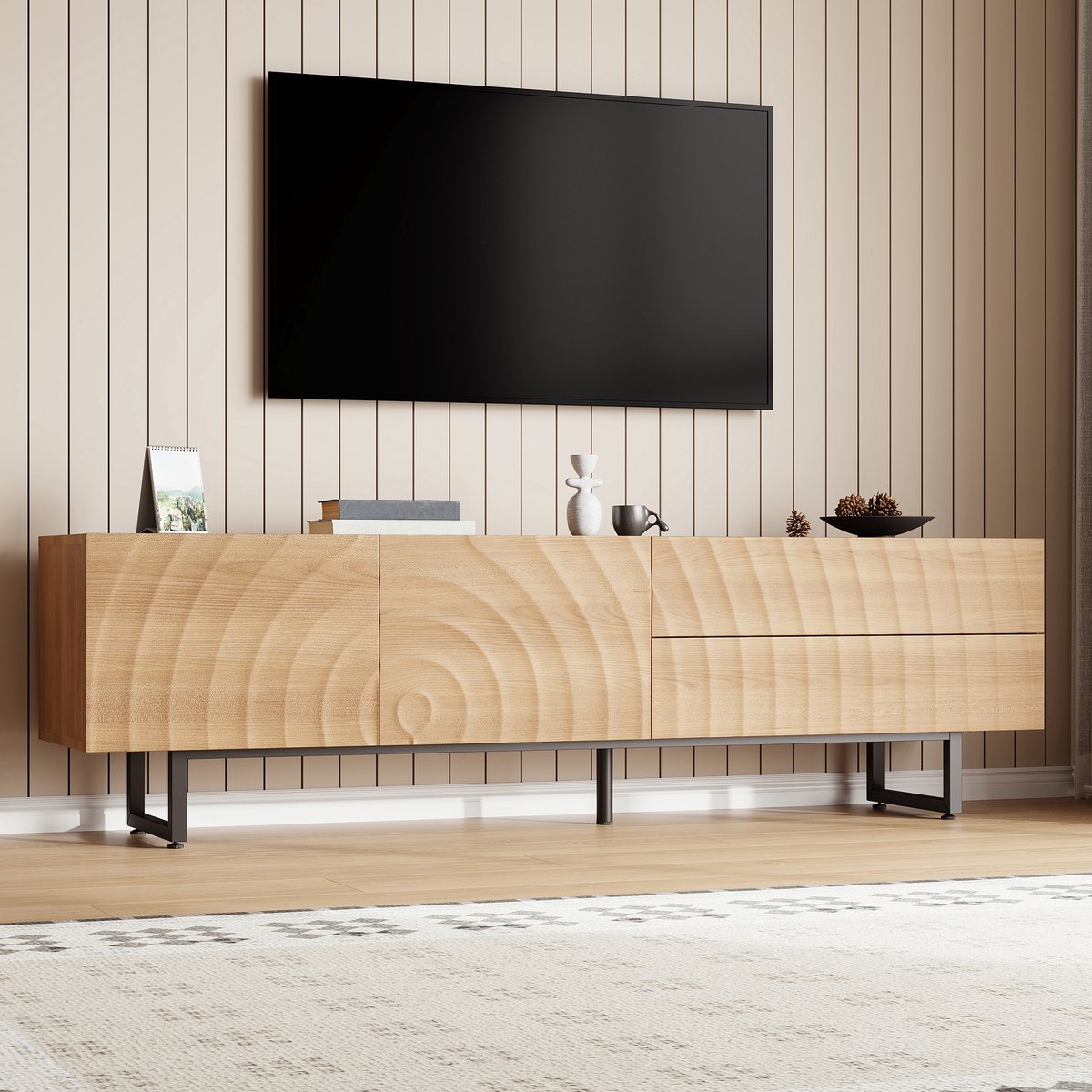 PHOEBE CAT TV-kast - 2 lades - Houtnerf - Metalen poten - 180 x 38 x 51.5 cm - Natuurlijke