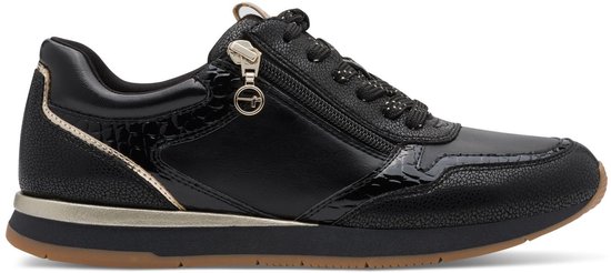 Zwarte Tamaris sneaker met ritssluiting, gouden details en crocoprint.