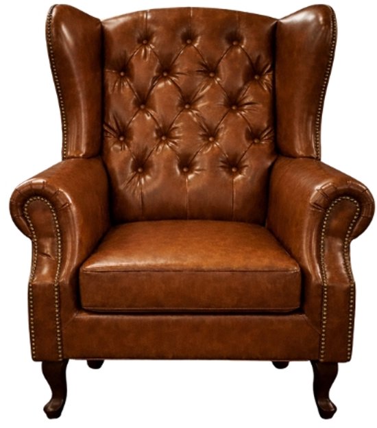 Fauteuil Chesterfield en cuir marron avec boutons profonds, sur fond blanc.