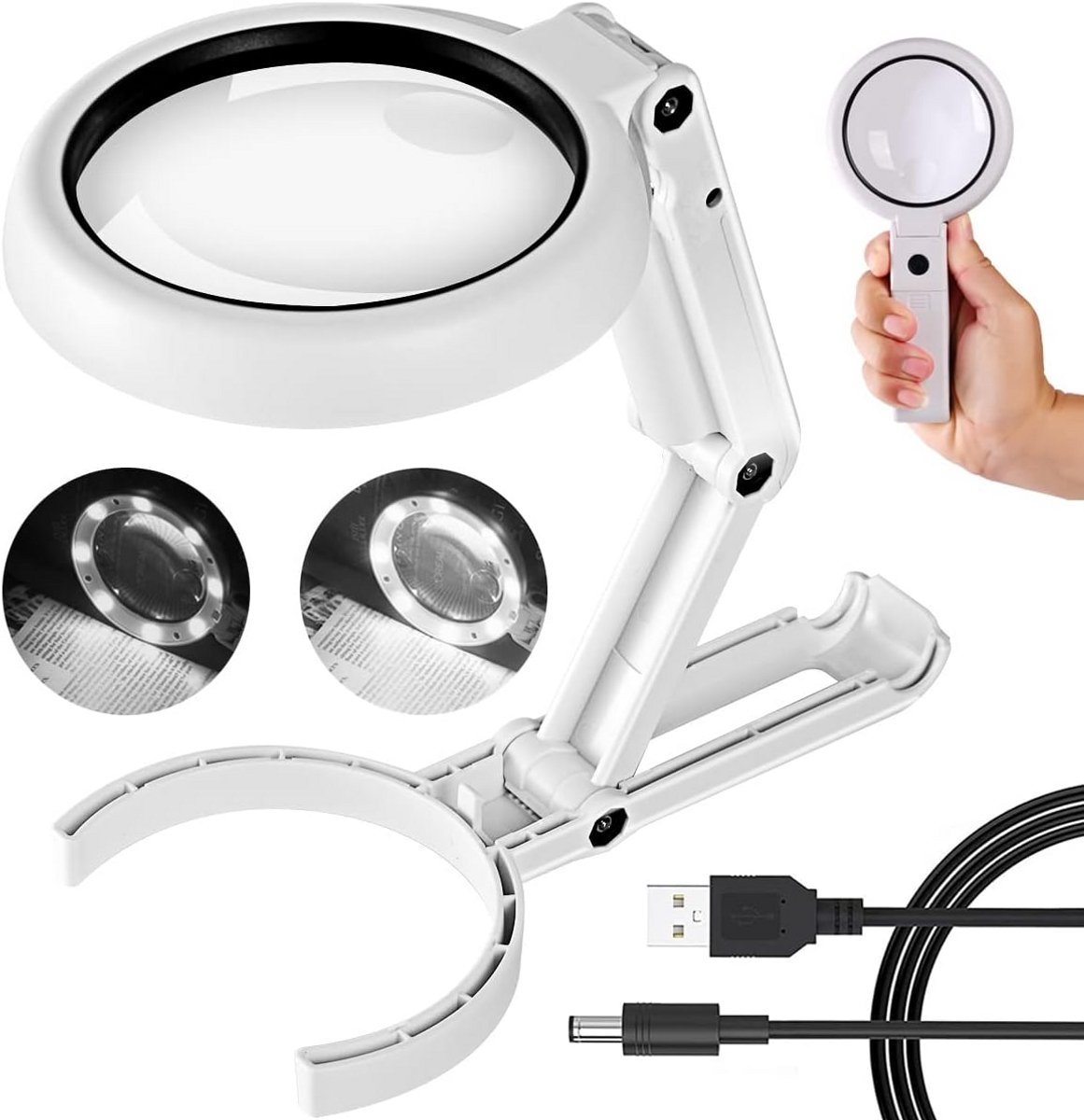 Vergrootglas met Licht en Standaard (30x/10x) - Dimbaar LED, Opvouwbaar Handmodel voor Senioren en Nauwkeurig Werk