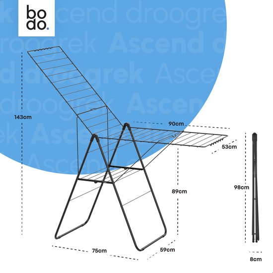 Afmetingen van een zwart droogrek: hoogte 143cm, breedte 90cm, diepte 53cm. Ingeklapt: 98cm hoog, 8cm diep.