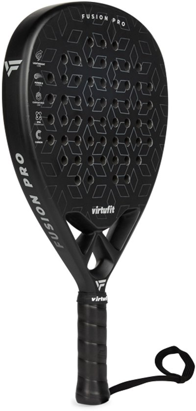 VirtuFit Fusion Pro Padel Racket - Zwart - Zilver - Inclusief Polskoord - Padelracket - Paddle - Geschikt voor Gevorderde Spelers - Druppelvormig Blad met Harde Kern van EVA Foam - Lichtgewicht - Ergonomisch Handvat - Carbon Blad
