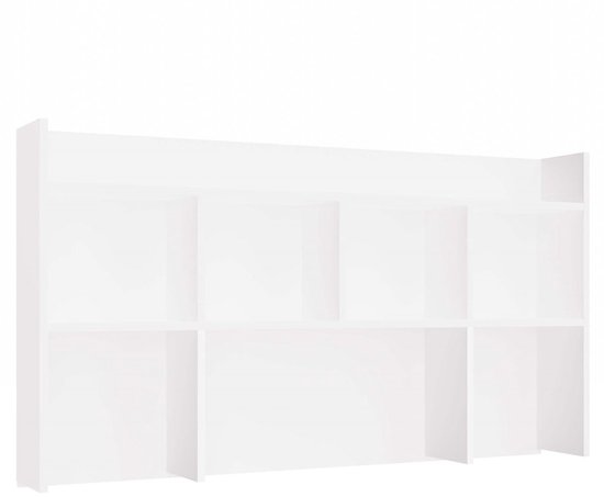 Een leeg wit bureau-opzetstuk met meerdere legplanken.