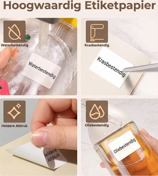 Illustraties tonen water-, kras-, oliebestendigheid en heldere afdruk van de labels.
