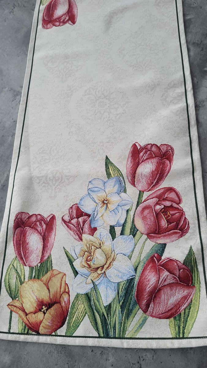 Tafelloper Gobelinstof Tulips Green 140*45cm