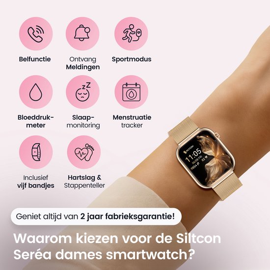 Siltcon® Seréa Smartwatch Dames - Horloge Dames - Stappenteller Horloge Dames - Hartslagmeter - Slaapmonitor - Saturatiemeter - Belfunctie - Geschikt voor iOS/Android - AMOLED - RVS - Elke pols - Incl. 5 Bandjes