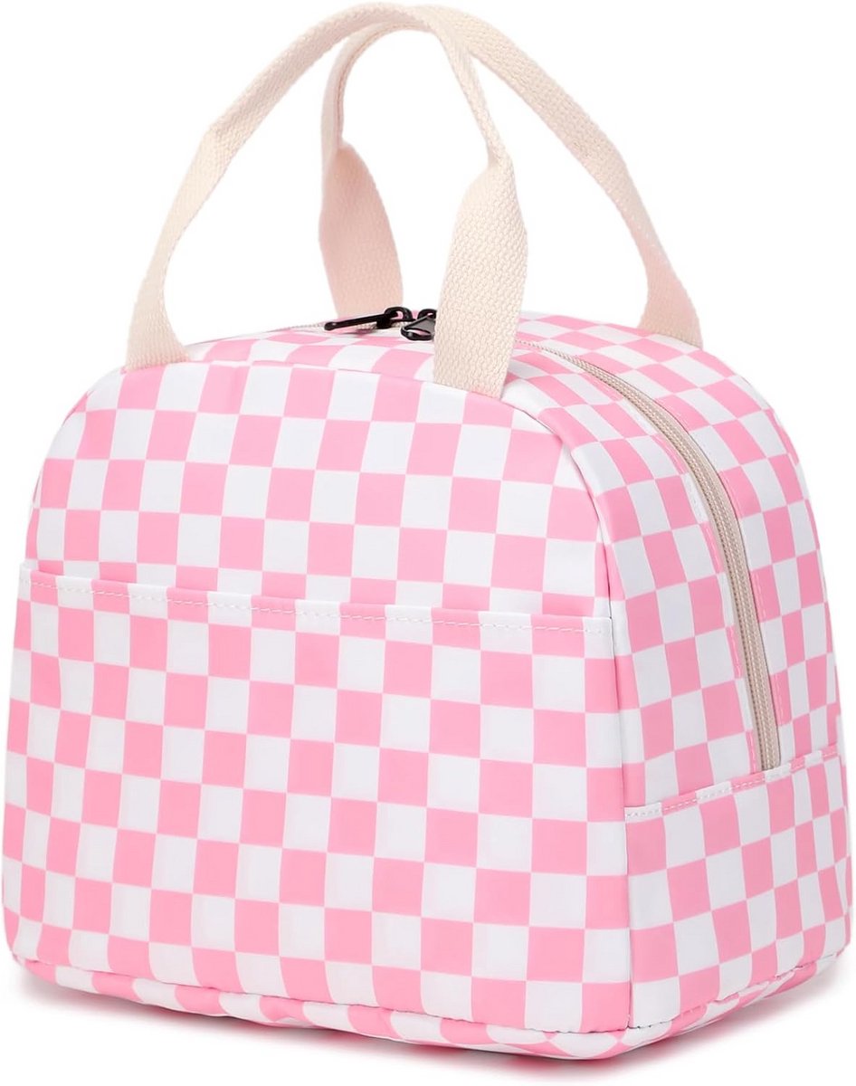 Geruite geïsoleerde lunchtas roze lekvrije lunchbox