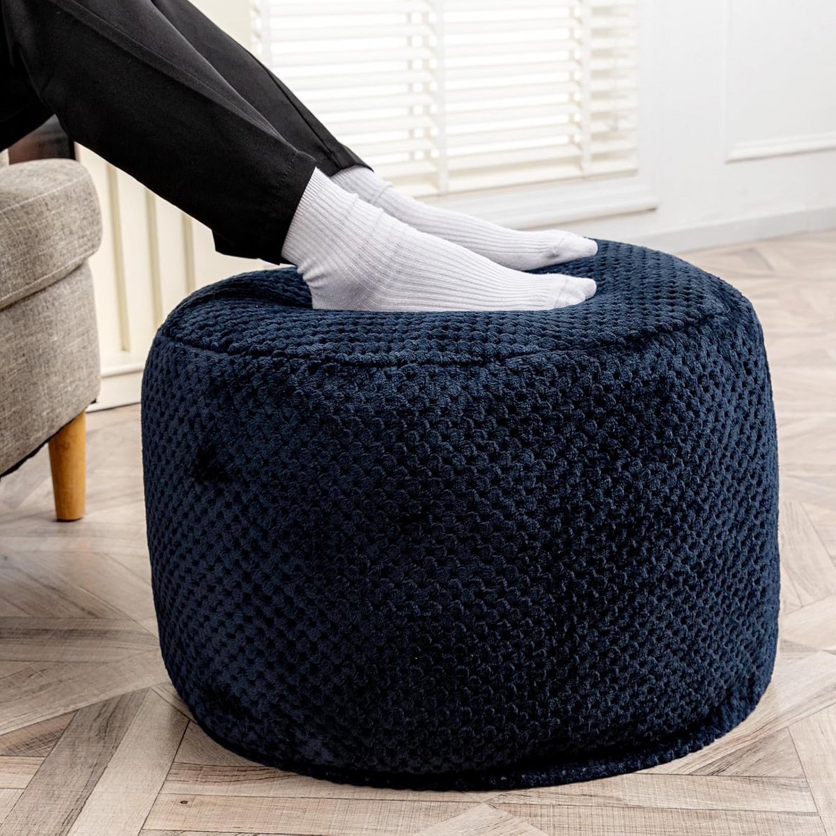 Ronde Voetenbank 45x35cm - Navyblauw Pluche Comfortabele Onderzet Onderlegger voor Woonkamer en Slaapkamer