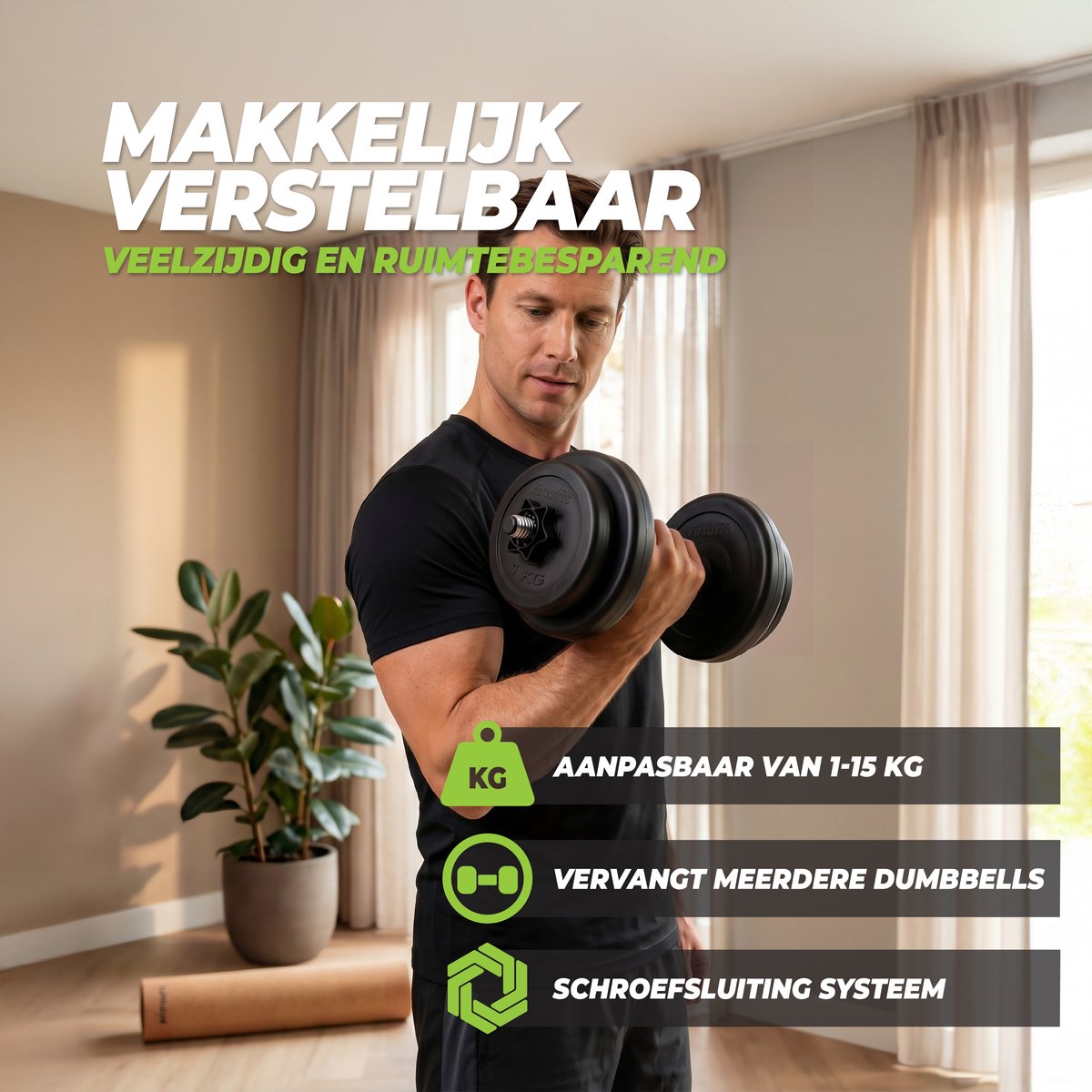 VirtuFit Verstelbare Dumbbell - Zwart - Vinyl - 15 kg - Dumbbel Set - Inclusief Schroefsluitingen - Extra Grip - Behandeld met Beschermende Olie - Dumbells - Gewichten – foto 7