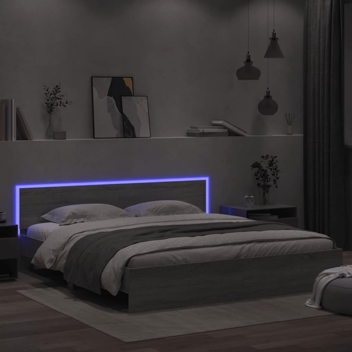 Bedframe met LED-verlichting en hoofdeinde, modern houten design, Sonoma-grijs, 200 x 200 cm
