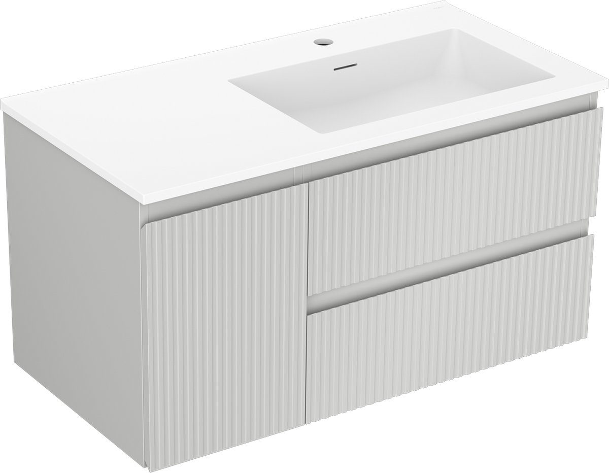 Mexen Rivel badkamerkast 90 cm met Otis wastafel rechts, 2S, 1D, geribbeld, grijs mat/wit mat - 91A23-09047-3-BBFFF62-W18P01