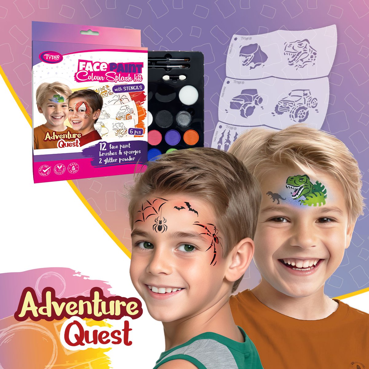 Avonturen Schminkset voor Kinderen - 12 Kleuren, 6 Stoere Sjablonen (Dino, Piraat, SUV) - Veilig & Creatief Schminken zonder Tekenervaring [TY50567]