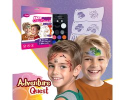 Avonturen Schminkset voor Kinderen - 12 Kleuren, 6 Stoere Sjablonen (Dino, Piraat, SUV) - Veilig & Creatief Schminken zonder Tekenervaring (TY50567)