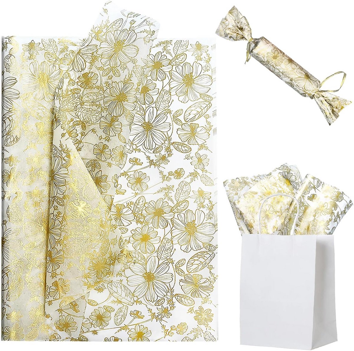 Gouden Bloemen Cadeaupapier 100 Vellen - Luxe Inpakpapier en Ambachtelijk Materiaal