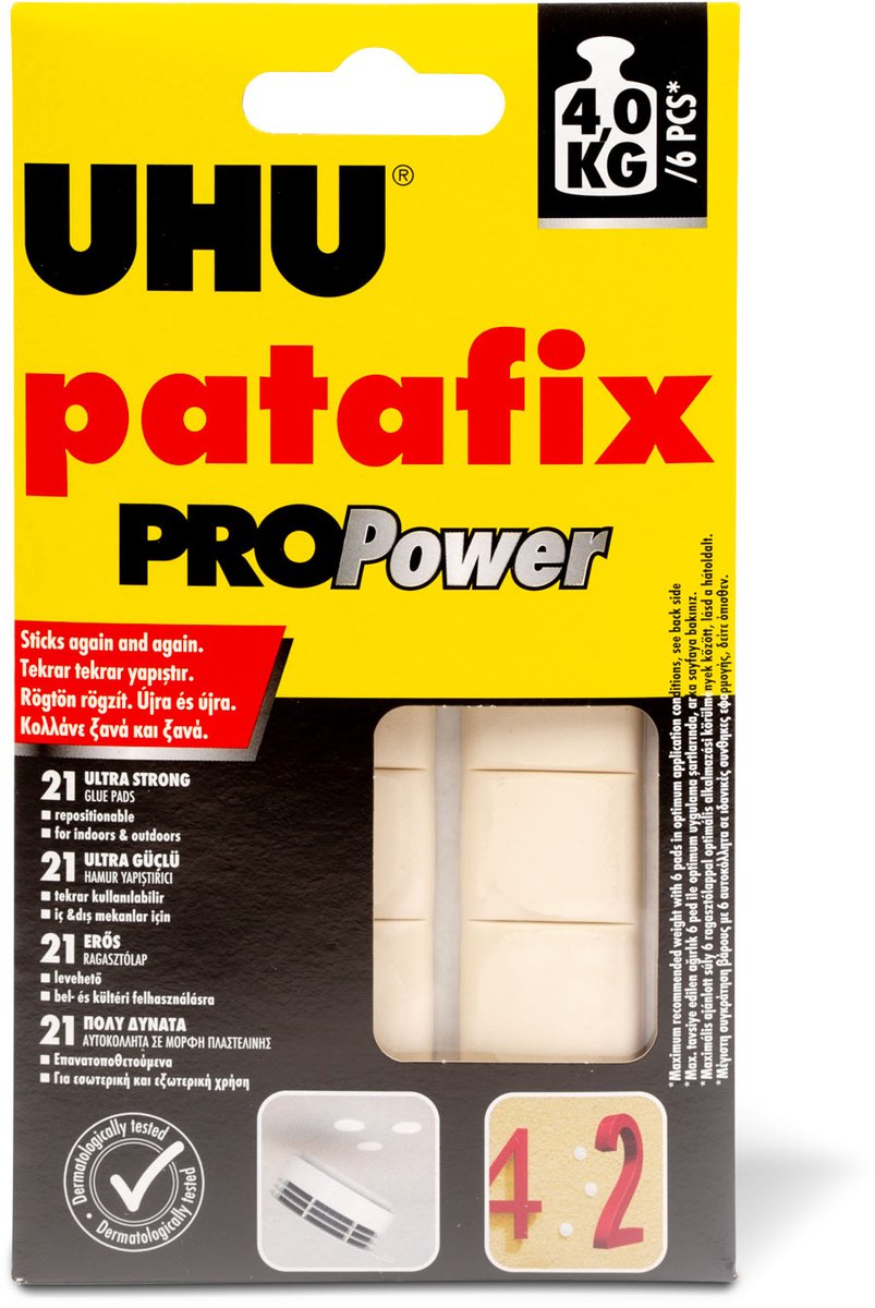 Patafix PROPower Witte Kneedlijm – 21 Stuks per Verpakking – Herbruikbare Extra Sterke Plakpads tot 3 kg – UV- en Waterbestendig – Geschikt voor Kantoor, School, Decoratie en Tijdelijk of Permanent Bevestigen Binnen en Buiten [U40790]