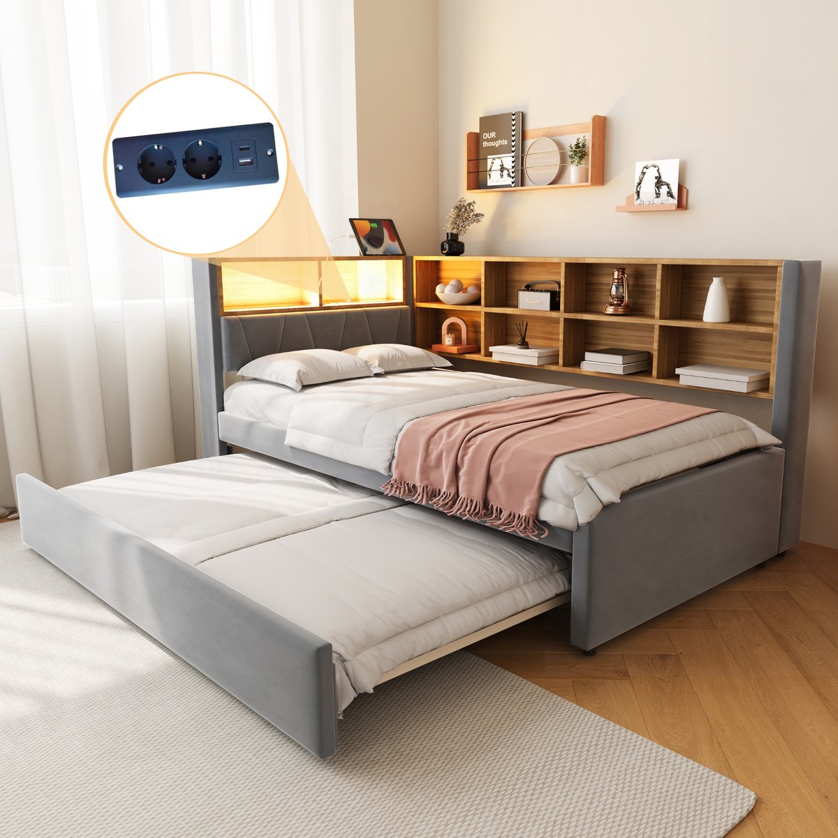 MODFU Bedframe 90x200 cm – Dagbed met uitschuifbed, LED en USB/Type-C – Donkergrijs flanel