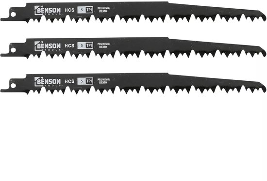 Drie Benson HCS reciprozaagbladen, 5 TPI, voor snoeien/demontage.