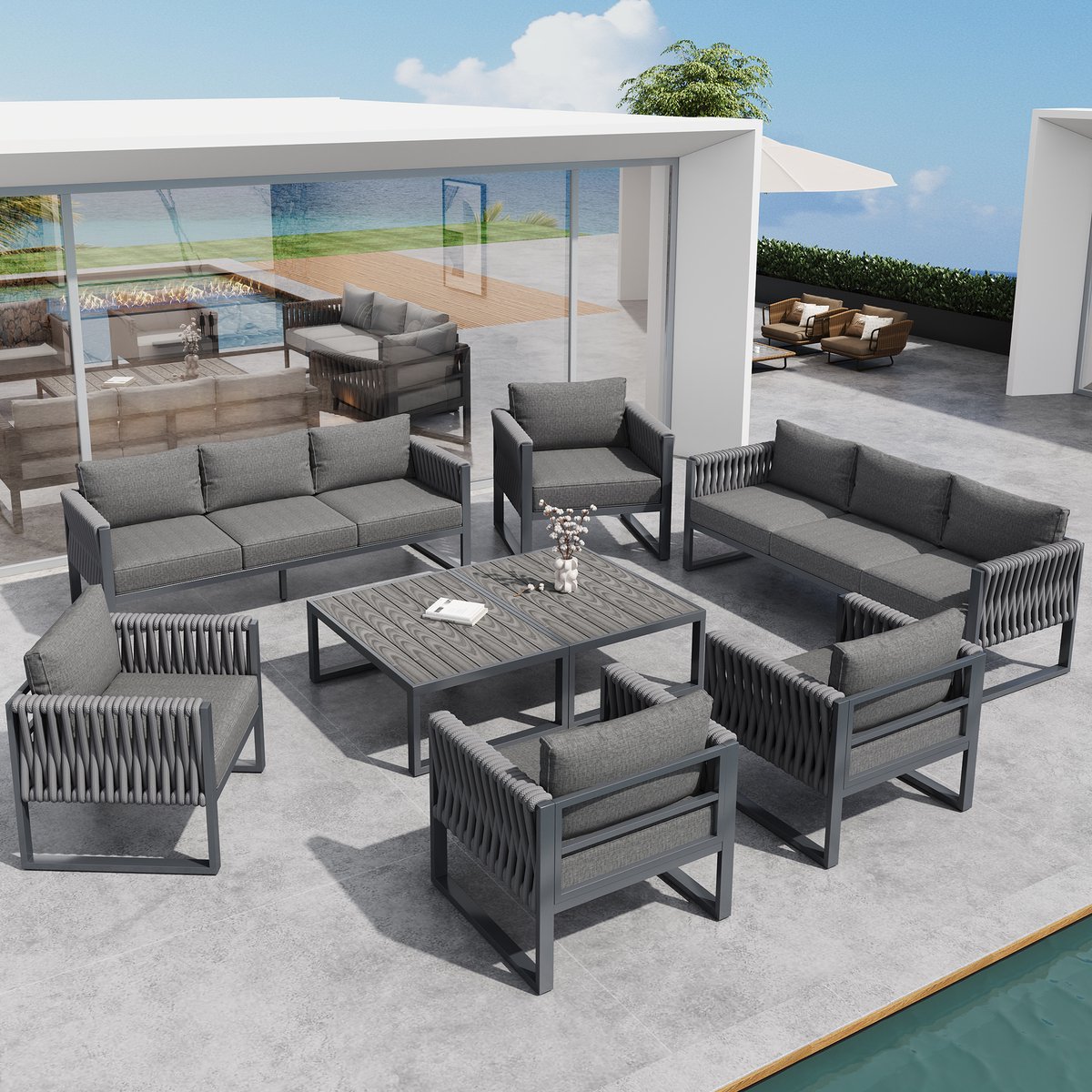 Tuinset buiten sofa 10-zits, tuinloungeset met verstelbare poten, kussens en roestvrij metalen frame voor balkon terras, grijs
