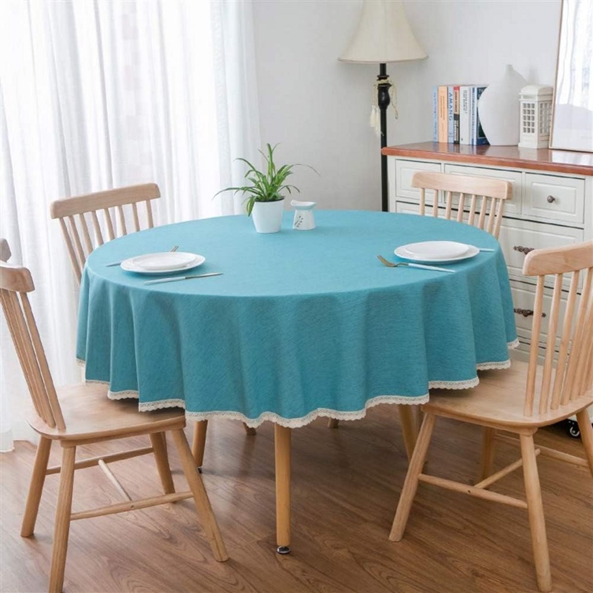 Rond Tafelkleed Lichtgrijs Katoen Linnen met Kant Rand - 180 cm Tafeldecoratie