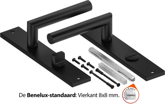 Matzwarte deurklinkset met schilden, schroeven, vierkantstift en Benelux-standaard van 8x8 mm.