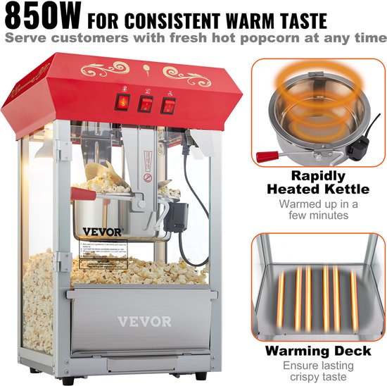 VEVOR Popcornmachine Maker Popcornmachine Popcornmachine 850W Popcorn 8oz Rood — afbeelding 3