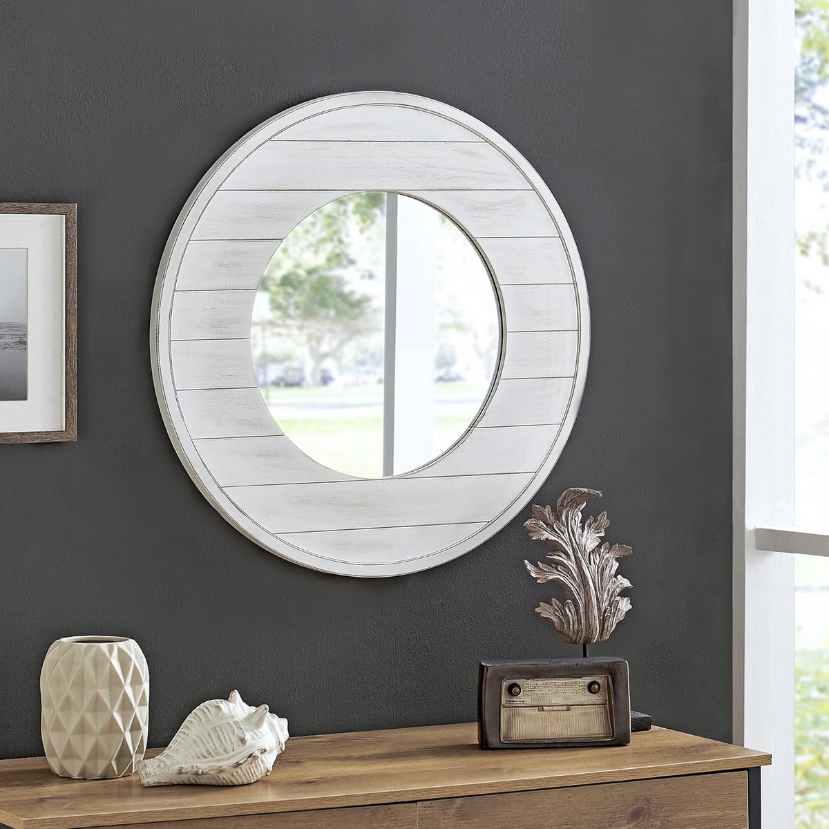 Ronde Wandspiegel met Houten Shiplap Lijst - 27 Inch - Landelijke Stijl